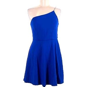 Elegant Blue One-Shoulder Dress XS silver chrome royal fit flare cocktail NWT